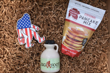 Load image into Gallery viewer, USA Bigfoot Sticker with Pint of "Wood Fired" Syrup and Original Polly's Pancake mix gift box
