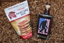 Load image into Gallery viewer, Special Edition USA Glass Bottle of "Wood Fired" Bigfoot Maple Syrup and Original Polly's Pancake mix gift box
