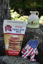 Load image into Gallery viewer, USA Bigfoot Sticker with Pint of "Wood Fired" Syrup and Original Polly's Pancake mix gift box
